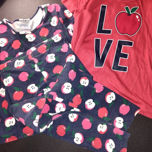 Pre-owned Children's Place 3-Piece Matching Solid Red Shirt and Apples Printed - Picture 1 of 13